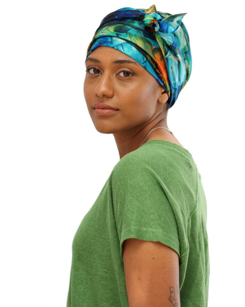 green silk head scarves for cancer patients worn as a turban
