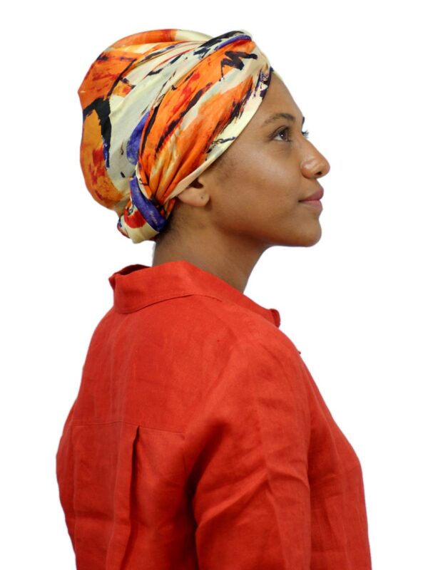 gold and orange silk turban scarf for hair loss