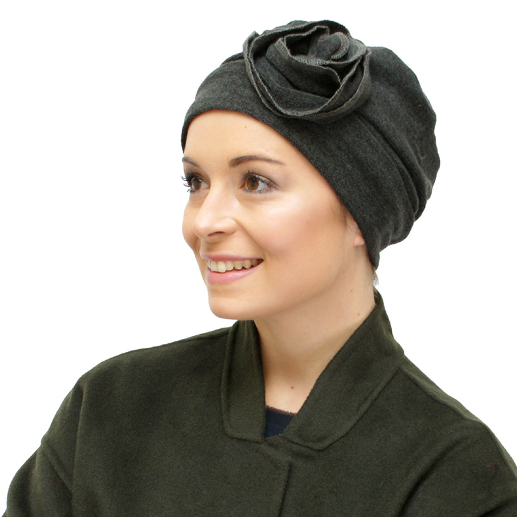 chemo hat style in green for winter