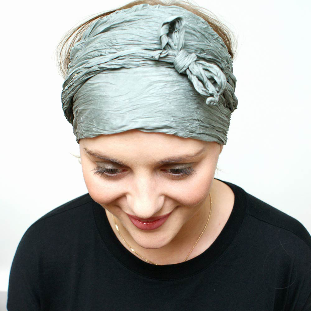 Side view of finished silk headband scarf tied for hair loss, showing coverage and height