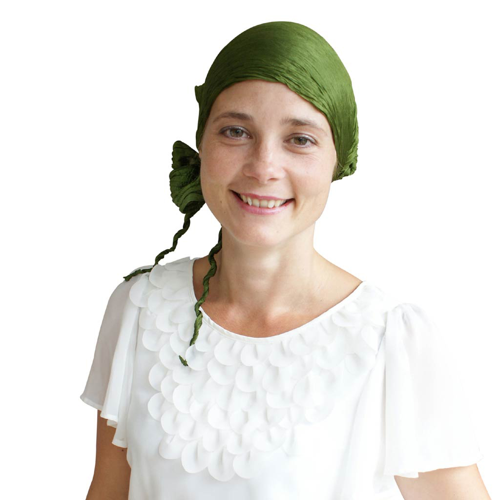 Silk headband scarf worn as a bandana with full head coverage for complete hair loss